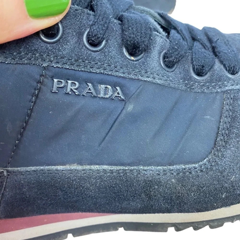 Prada Hightop Sneakers Mens Size 6 Womens 8 Unisex Retro Navy Blue Suede Shoes - Picture 4 of 16
